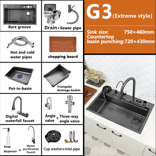 Bliote™ Waterfall Workstation Kitchen Sink Set With Digital Temperature Display
