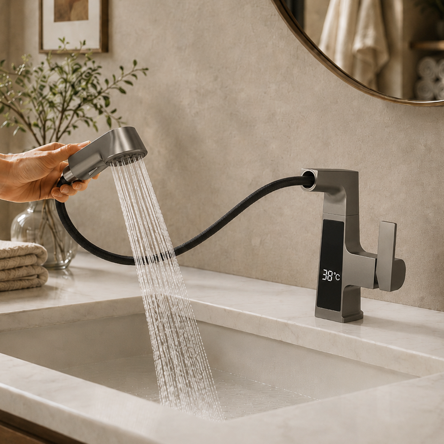 BLIOTE Pull-out Bathroom Tap faucet installed view