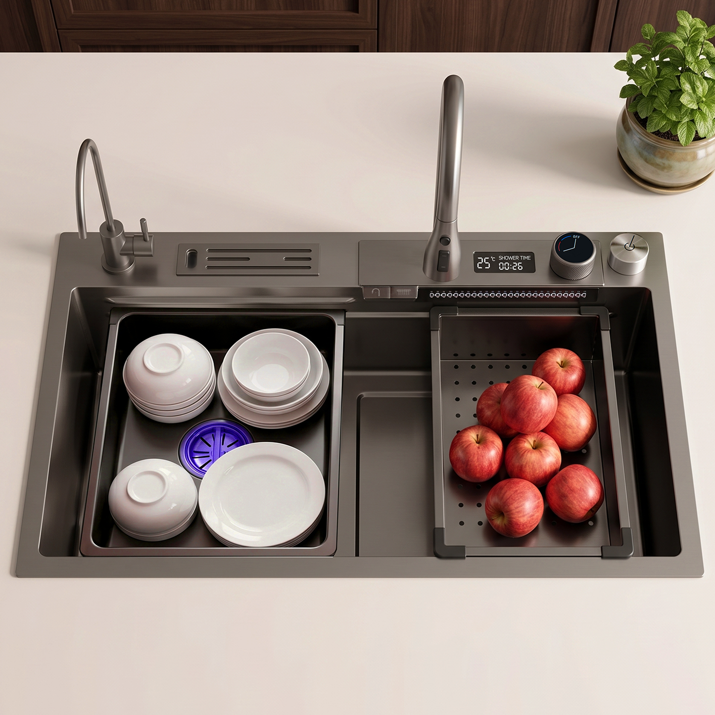 BLIOTE Waterfall Workstation Kitchen Sink Set With Digital Temperature Display and Knife Holder kitchen sink fixture,...