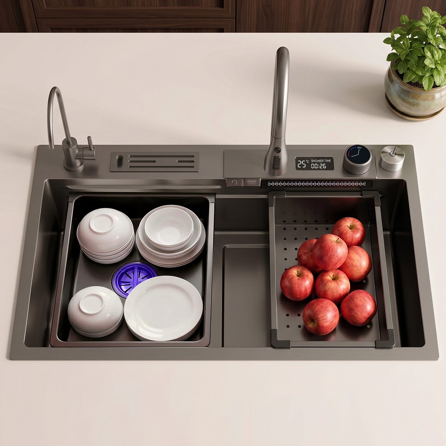 BLIOTE Waterfall Kitchen Sink Set With Knife Holder kitchen sink installed view