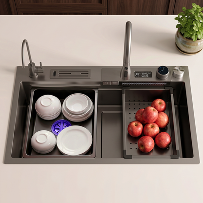 BLIOTE Waterfall Workstation Kitchen Sink Set With Digital Temperature Display and Knife Holder kitchen sink fixture,...