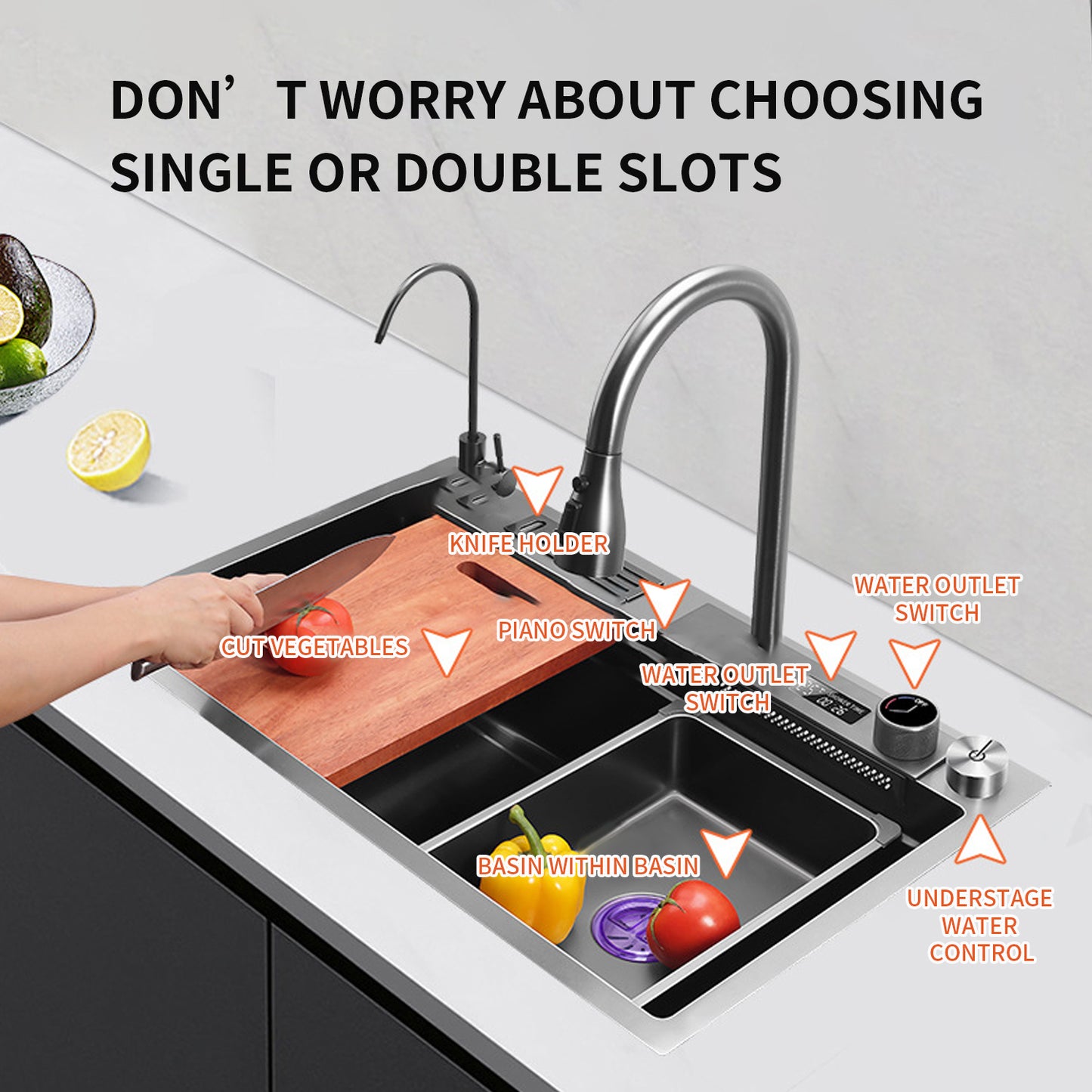 Bliote™ Wasserfall-Arbeitsplatz-Küchenspülen-Set mit digitaler Temperaturanzeige und Messerhalter