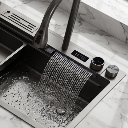 BLIOTE Waterfall Workstation Kitchen Sink Set With Digital Temperature Display and Knife Holder kitchen sink fixture,...
