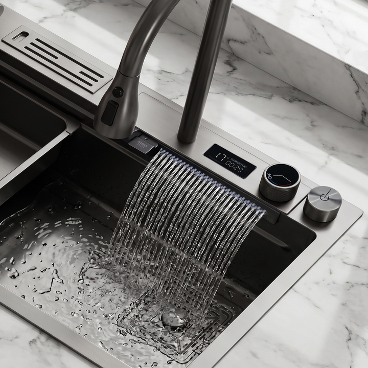 BLIOTE Waterfall Kitchen Sink Set With Knife Holder kitchen sink detail view
