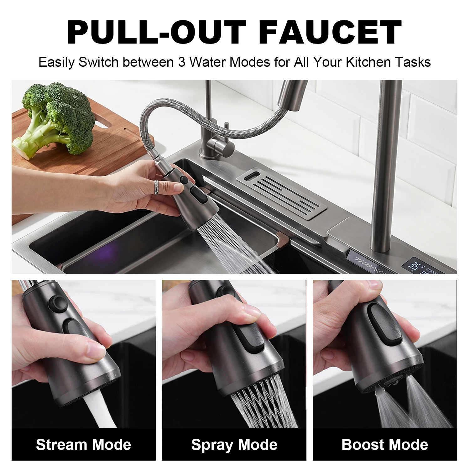 BLIOTE Waterfall Workstation Kitchen Sink Set With Digital Temperature Display and Knife Holder kitchen sink fixture,...