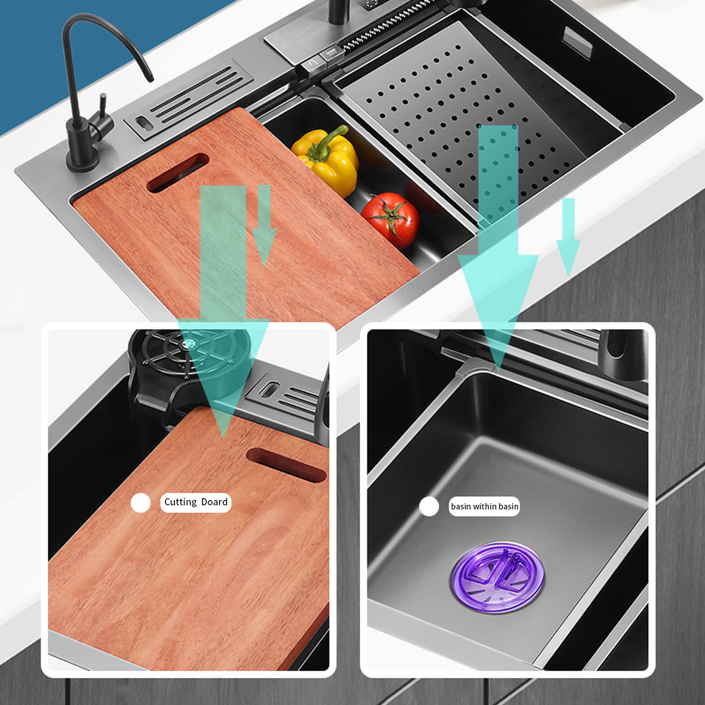 Bliote™ Wasserfall-Arbeitsplatz-Küchenspülen-Set mit digitaler Temperaturanzeige und Messerhalter