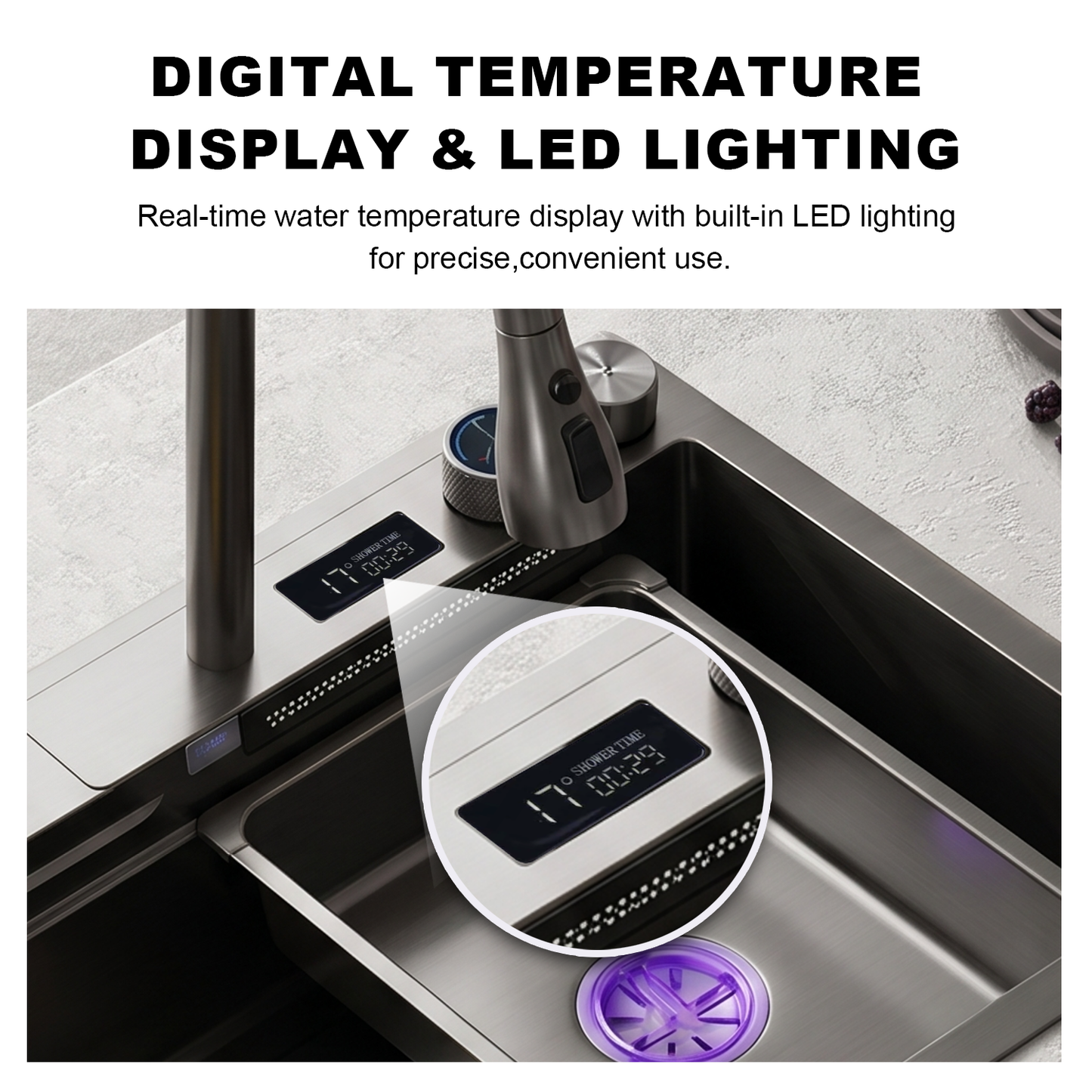BLIOTE Waterfall Workstation Kitchen Sink Set With Digital Temperature Display and Knife Holder kitchen sink fixture,...