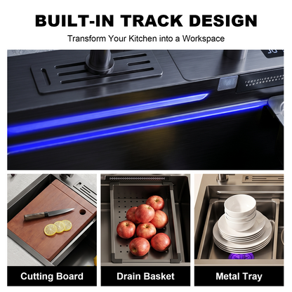 BLIOTE Waterfall Workstation Kitchen Sink Set With Digital Temperature Display and Knife Holder kitchen sink fixture,...