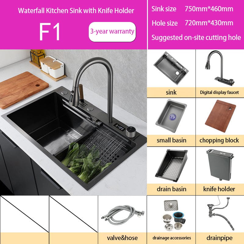 Ensemble d'évier de cuisine pour station de travail en cascade Bliote™ avec affichage numérique de la température et porte-couteau