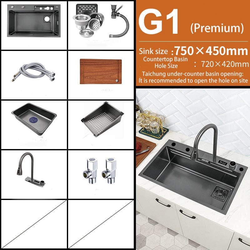 Bliote™ Wasserfall-Arbeitsplatz-Küchenspülen-Set mit digitaler Temperaturanzeige