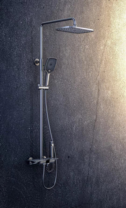 Sistema de ducha de piano con pantalla digital termostática gris Calidad Latón Frío y caliente Baño Mezclador Grifo Grifo Conjunto de ducha digital de piano gris de lujo
